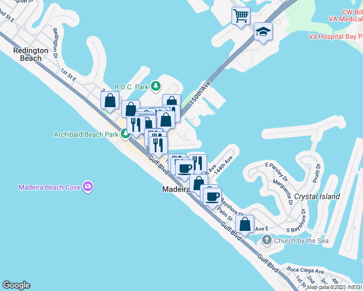 map of restaurants, bars, coffee shops, grocery stores, and more near 221 East Madeira Avenue in Madeira Beach
