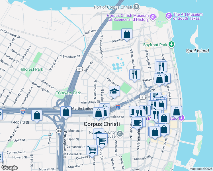 map of restaurants, bars, coffee shops, grocery stores, and more near 1305 Chipito Street in Corpus Christi