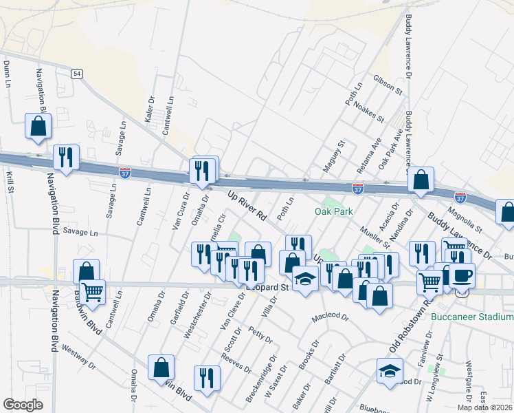 map of restaurants, bars, coffee shops, grocery stores, and more near 4400 Up River Road in Corpus Christi