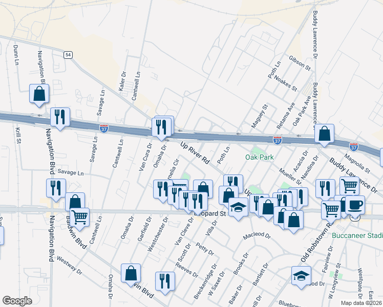 map of restaurants, bars, coffee shops, grocery stores, and more near 4502 North Cornelia Circle in Corpus Christi