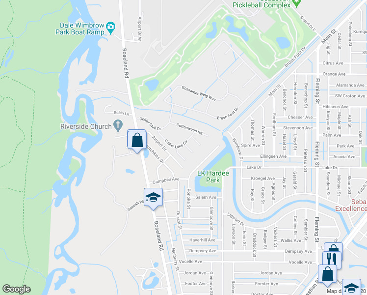 map of restaurants, bars, coffee shops, grocery stores, and more near 595 Willow Court in Sebastian