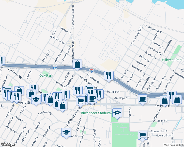 map of restaurants, bars, coffee shops, grocery stores, and more near 3173 Magnolia Street in Corpus Christi