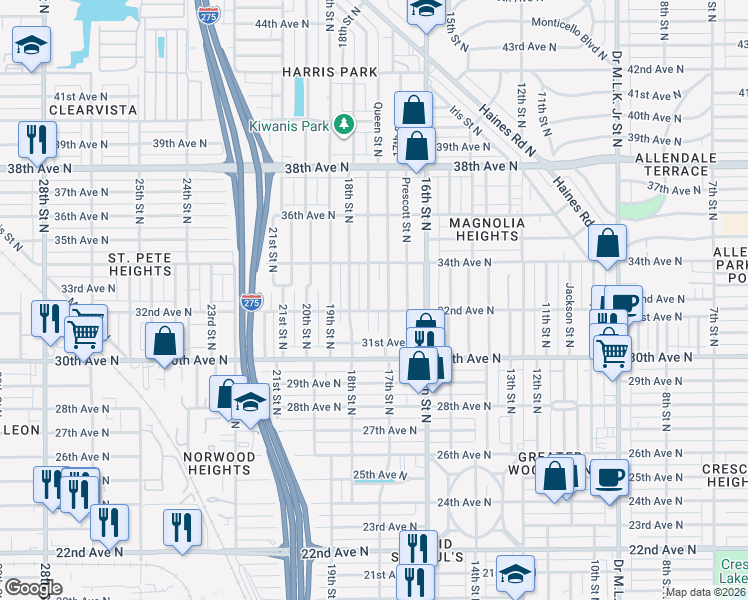 map of restaurants, bars, coffee shops, grocery stores, and more near 1732 32nd Avenue North in St. Petersburg