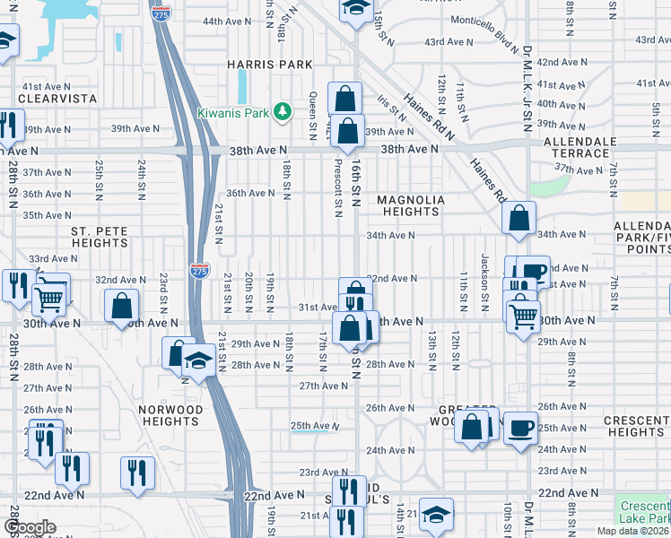 map of restaurants, bars, coffee shops, grocery stores, and more near 3222 Prescott Street North in St. Petersburg