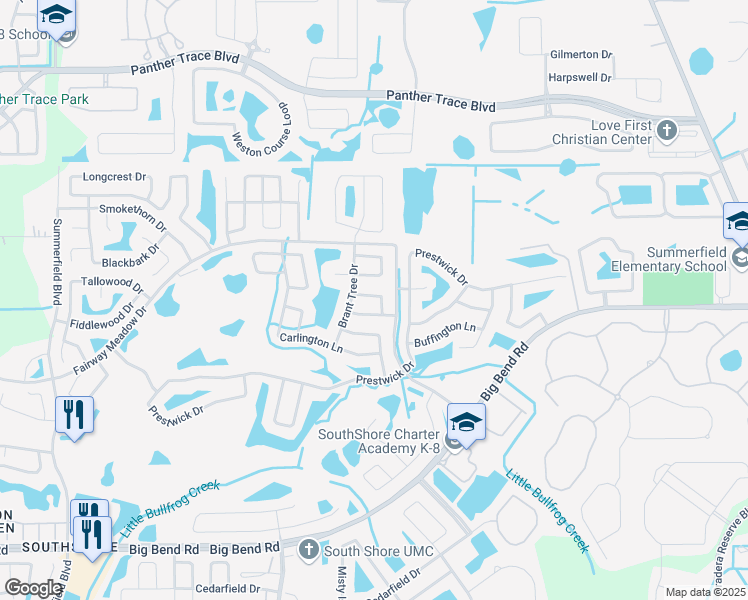 map of restaurants, bars, coffee shops, grocery stores, and more near 12011 Bridge Point Lane in Riverview