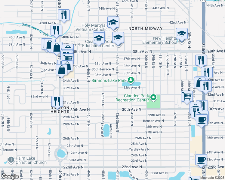 map of restaurants, bars, coffee shops, grocery stores, and more near 4347 32nd Terrace North in Saint Petersburg