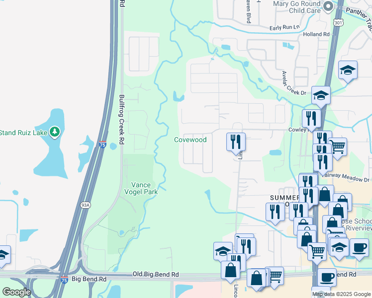 map of restaurants, bars, coffee shops, grocery stores, and more near 10039 Creek Bluff Drive in Riverview