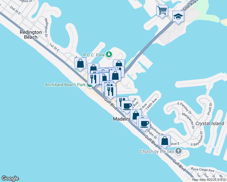 map of restaurants, bars, coffee shops, grocery stores, and more near 14981 East 1st Street in Madeira Beach