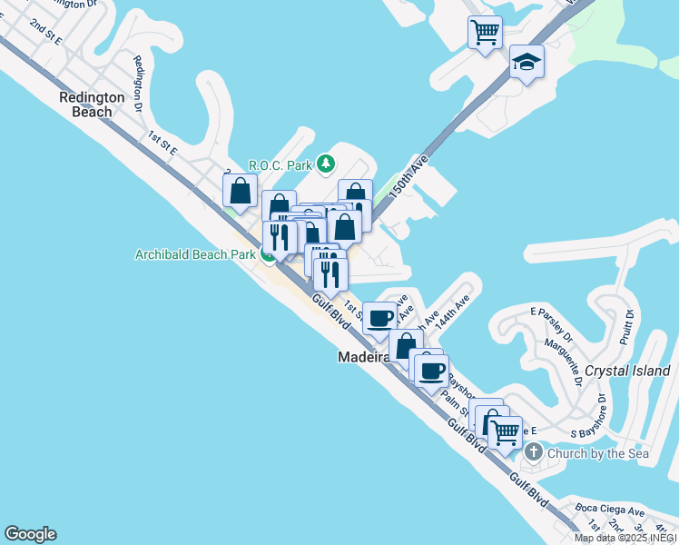 map of restaurants, bars, coffee shops, grocery stores, and more near 14981 East 1st Street in Madeira Beach