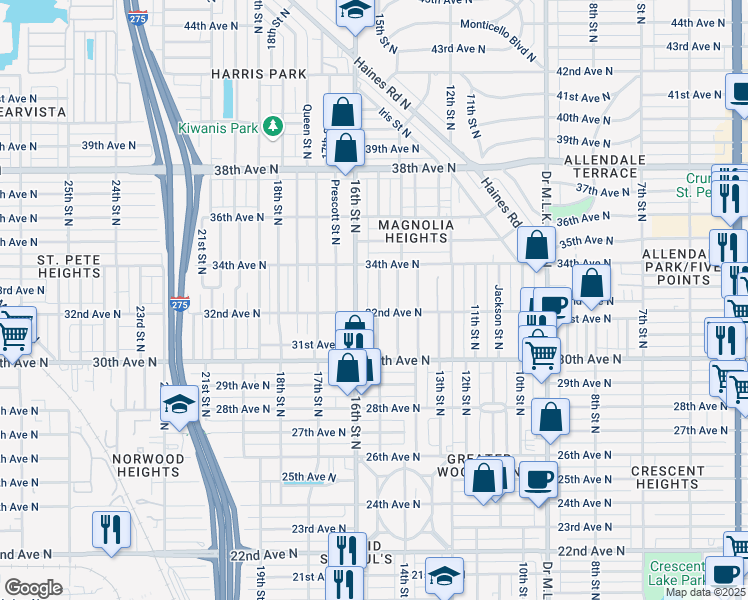 map of restaurants, bars, coffee shops, grocery stores, and more near 1550 32nd Avenue North in St. Petersburg
