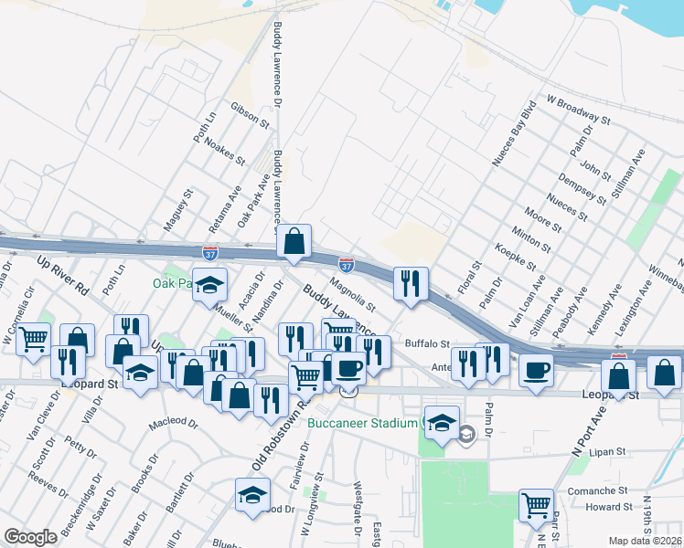 map of restaurants, bars, coffee shops, grocery stores, and more near 3173 Magnolia Street in Corpus Christi