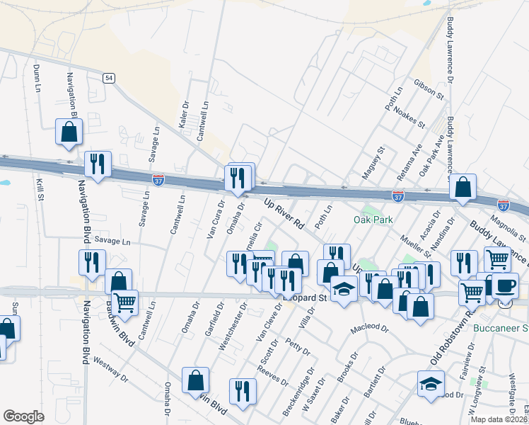 map of restaurants, bars, coffee shops, grocery stores, and more near 4502 North Cornelia Circle in Corpus Christi