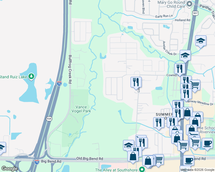 map of restaurants, bars, coffee shops, grocery stores, and more near 12925 Brookcrest Place in Riverview