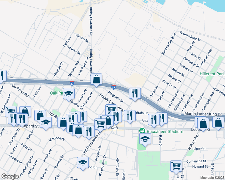 map of restaurants, bars, coffee shops, grocery stores, and more near 3173 Magnolia Street in Corpus Christi