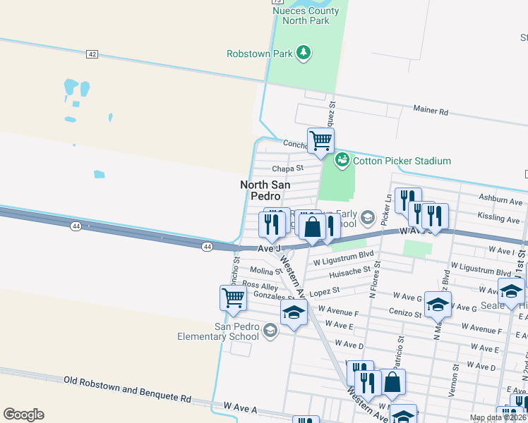 map of restaurants, bars, coffee shops, grocery stores, and more near 913 Nueces Street in Robstown
