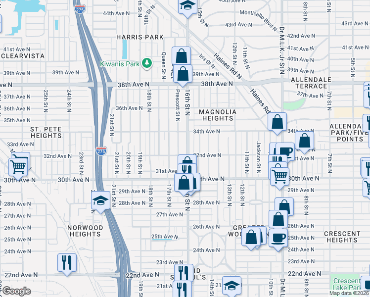 map of restaurants, bars, coffee shops, grocery stores, and more near 1550 32nd Avenue North in St. Petersburg