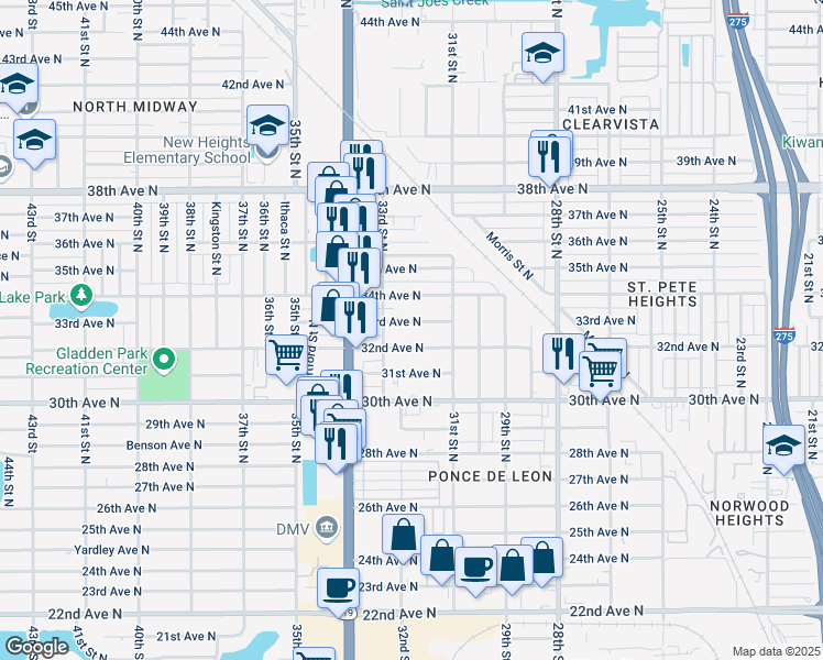 map of restaurants, bars, coffee shops, grocery stores, and more near 3212 32nd Avenue North in St. Petersburg