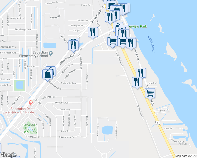 map of restaurants, bars, coffee shops, grocery stores, and more near 11425 Old Dixie Highway in Sebastian