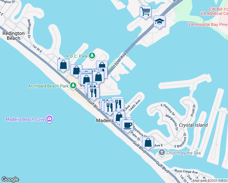 map of restaurants, bars, coffee shops, grocery stores, and more near 14839 North Bayshore Drive in Madeira Beach