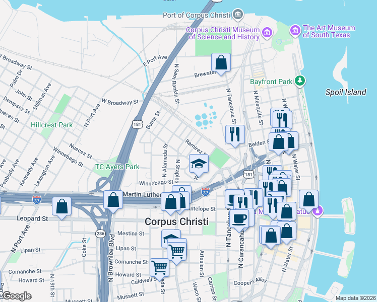 map of restaurants, bars, coffee shops, grocery stores, and more near 1305 Chipito Street in Corpus Christi
