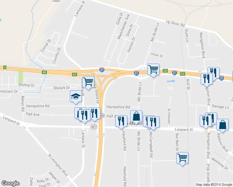 map of restaurants, bars, coffee shops, grocery stores, and more near 2240 North Padre Island Drive in Corpus Christi