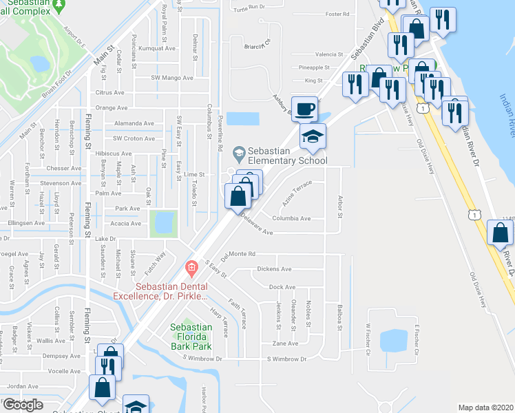 map of restaurants, bars, coffee shops, grocery stores, and more near 481 Georgia Boulevard in Sebastian