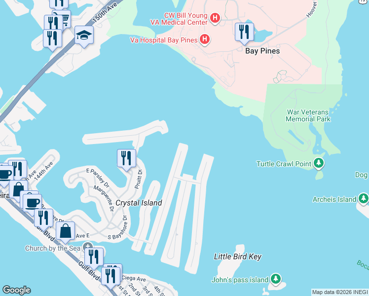 map of restaurants, bars, coffee shops, grocery stores, and more near 575 Crystal Drive in Madeira Beach