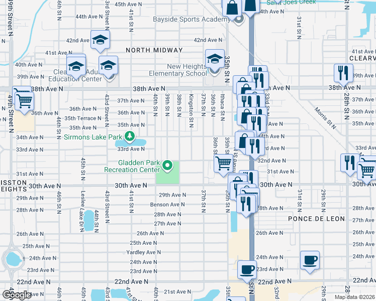 map of restaurants, bars, coffee shops, grocery stores, and more near 3335 Kingston Street North in St. Petersburg