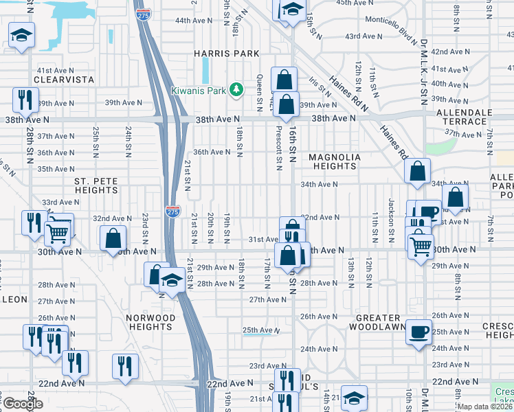 map of restaurants, bars, coffee shops, grocery stores, and more near 3325 Queen Street North in St. Petersburg