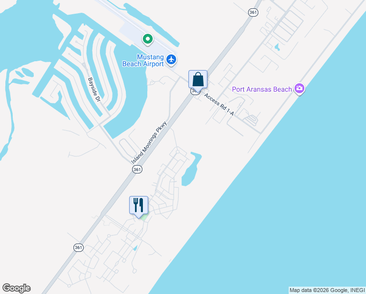 map of restaurants, bars, coffee shops, grocery stores, and more near 120 Sea Rocket Lane in Port Aransas