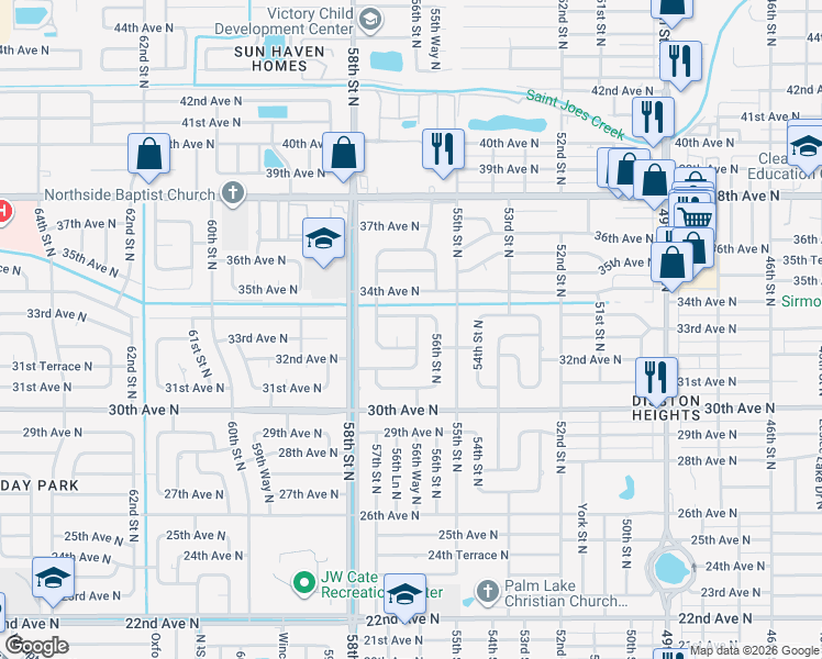 map of restaurants, bars, coffee shops, grocery stores, and more near 3280 56th Way North in St. Petersburg