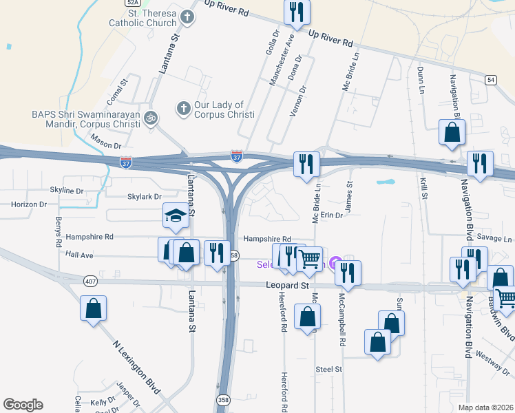 map of restaurants, bars, coffee shops, grocery stores, and more near 2240 North Padre Island Drive in Corpus Christi