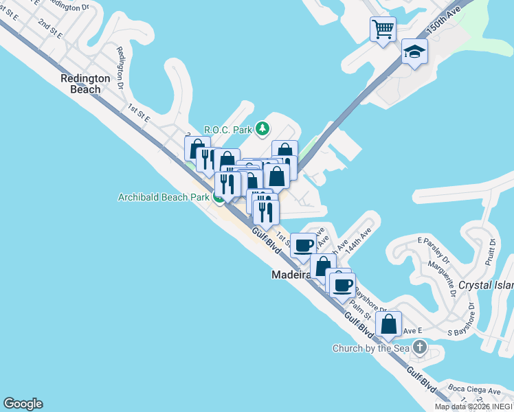 map of restaurants, bars, coffee shops, grocery stores, and more near 15000 Madeira Way in Madeira Beach