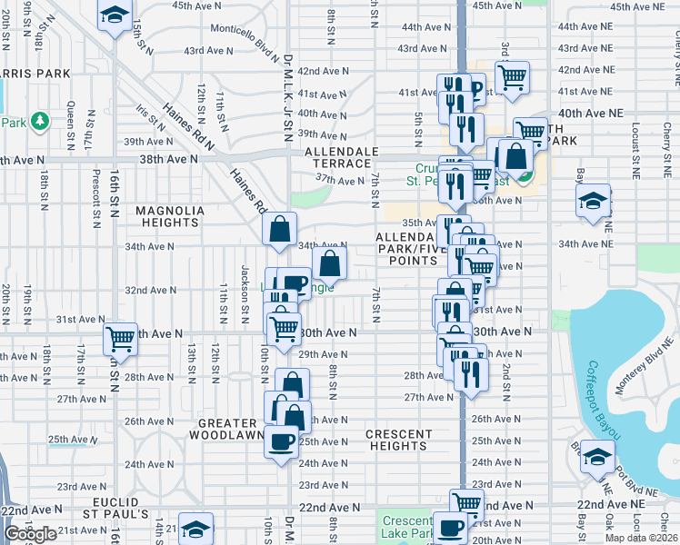 map of restaurants, bars, coffee shops, grocery stores, and more near 750 34th Avenue North in St. Petersburg