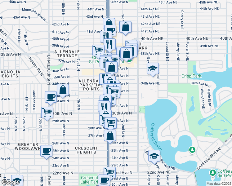 map of restaurants, bars, coffee shops, grocery stores, and more near 335 33rd Avenue North in St. Petersburg