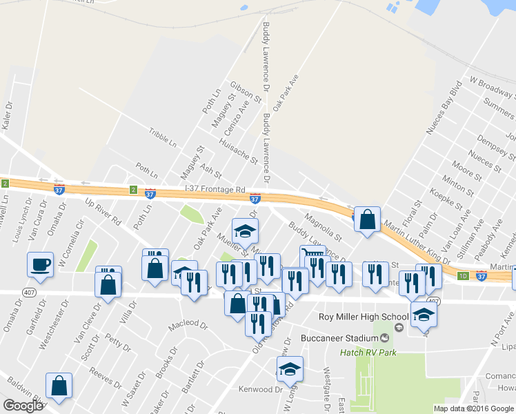 map of restaurants, bars, coffee shops, grocery stores, and more near 1017 Acacia Drive in Corpus Christi