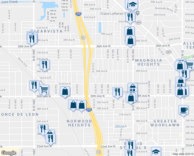 map of restaurants, bars, coffee shops, grocery stores, and more near 3335 Tarlton Street North in St. Petersburg
