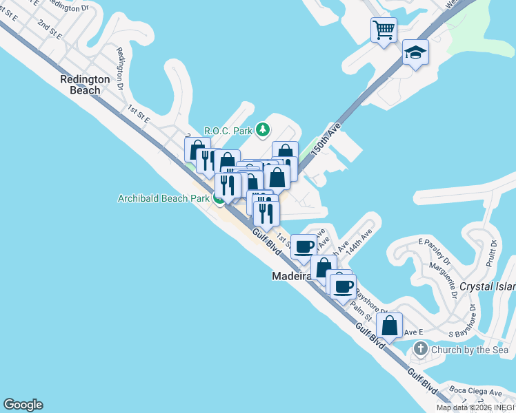 map of restaurants, bars, coffee shops, grocery stores, and more near 200 150th Avenue in Madeira Beach