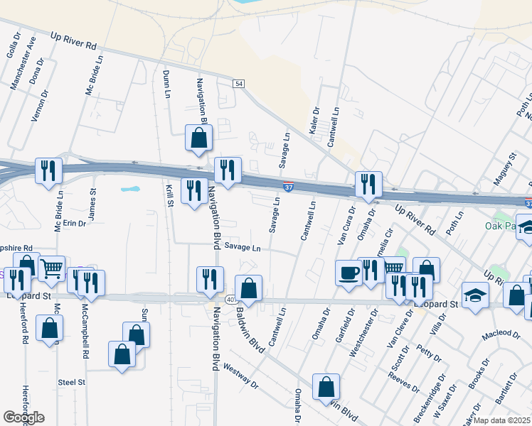 map of restaurants, bars, coffee shops, grocery stores, and more near 853 Savage Lane in Corpus Christi