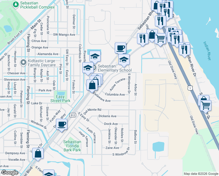 map of restaurants, bars, coffee shops, grocery stores, and more near 461 Georgia Boulevard in Sebastian