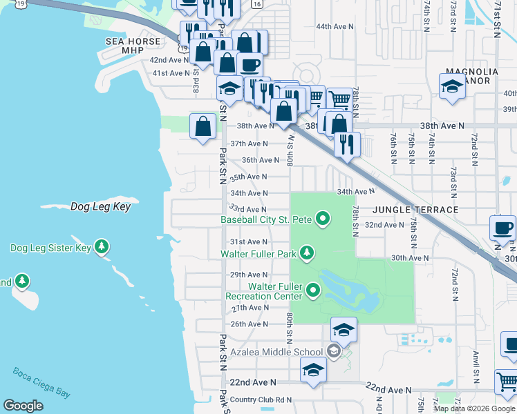 map of restaurants, bars, coffee shops, grocery stores, and more near 8054 34th Avenue North in St. Petersburg