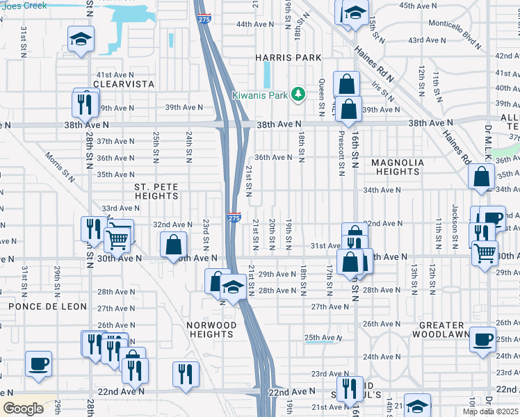 map of restaurants, bars, coffee shops, grocery stores, and more near 3335 Tarlton Street North in St. Petersburg
