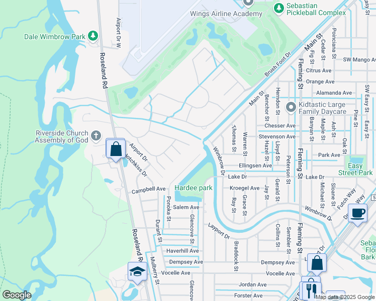 map of restaurants, bars, coffee shops, grocery stores, and more near 585 Cottonwood Road in Sebastian