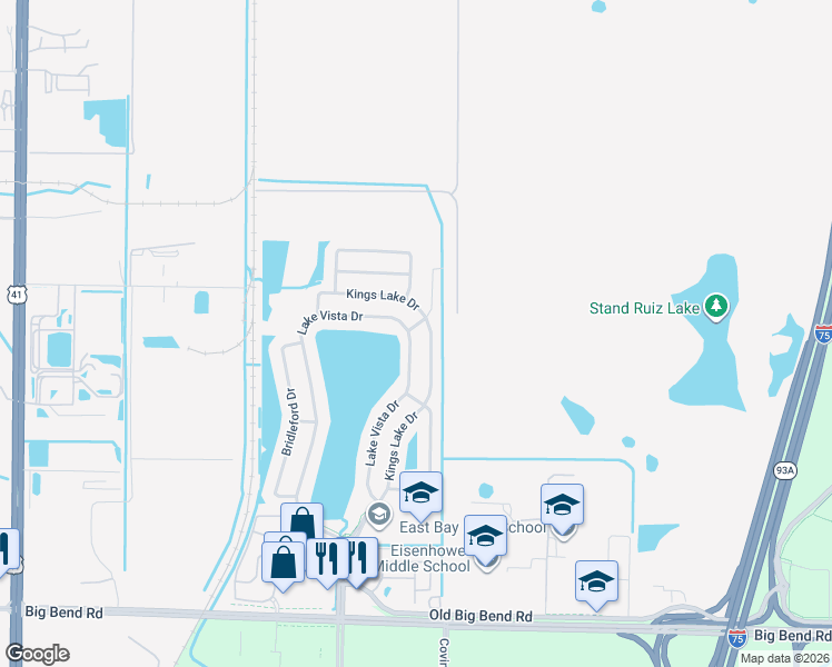 map of restaurants, bars, coffee shops, grocery stores, and more near 12802 Lake Vista Drive in Gibsonton