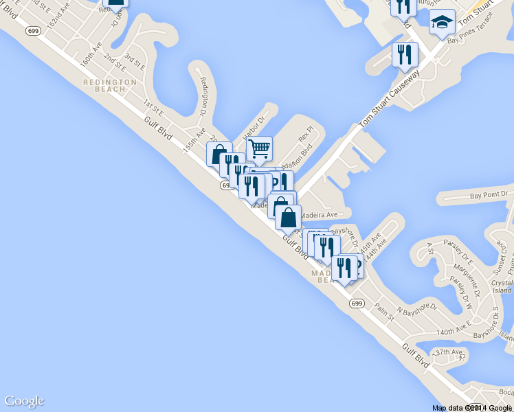 map of restaurants, bars, coffee shops, grocery stores, and more near 15107 Madeira Way in Madeira Beach