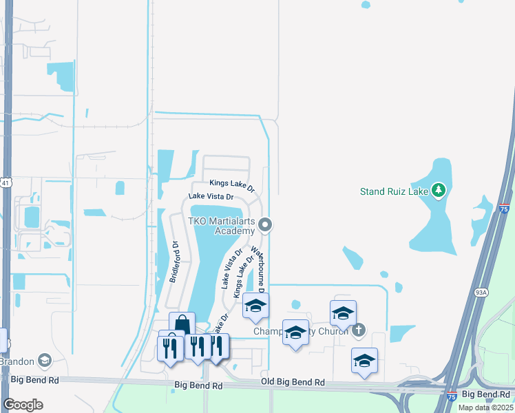map of restaurants, bars, coffee shops, grocery stores, and more near 12807 Kings Lake Drive in Gibsonton