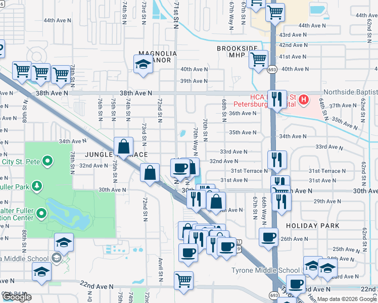 map of restaurants, bars, coffee shops, grocery stores, and more near 3301 70th Lane North in St. Petersburg