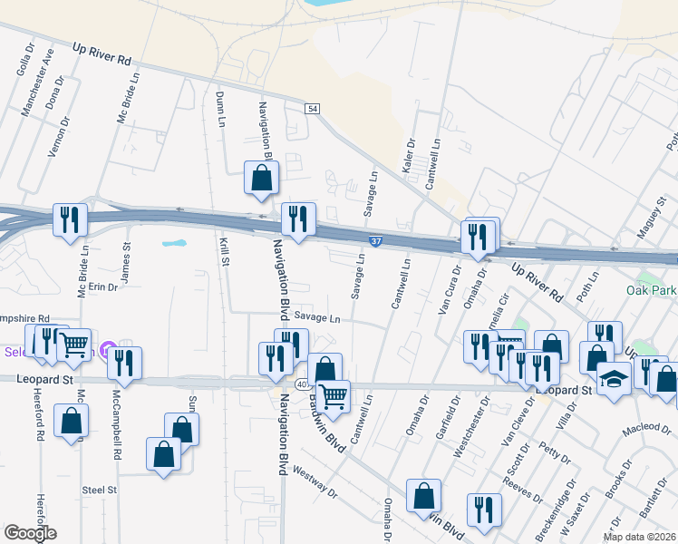 map of restaurants, bars, coffee shops, grocery stores, and more near 863 Savage Lane in Corpus Christi