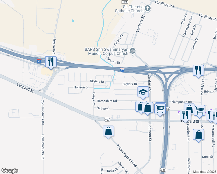 map of restaurants, bars, coffee shops, grocery stores, and more near 5845 Skylark Drive in Corpus Christi