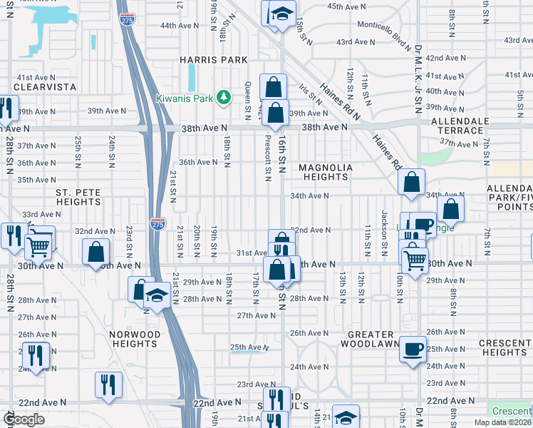 map of restaurants, bars, coffee shops, grocery stores, and more near 3250 Prescott Street North in St. Petersburg
